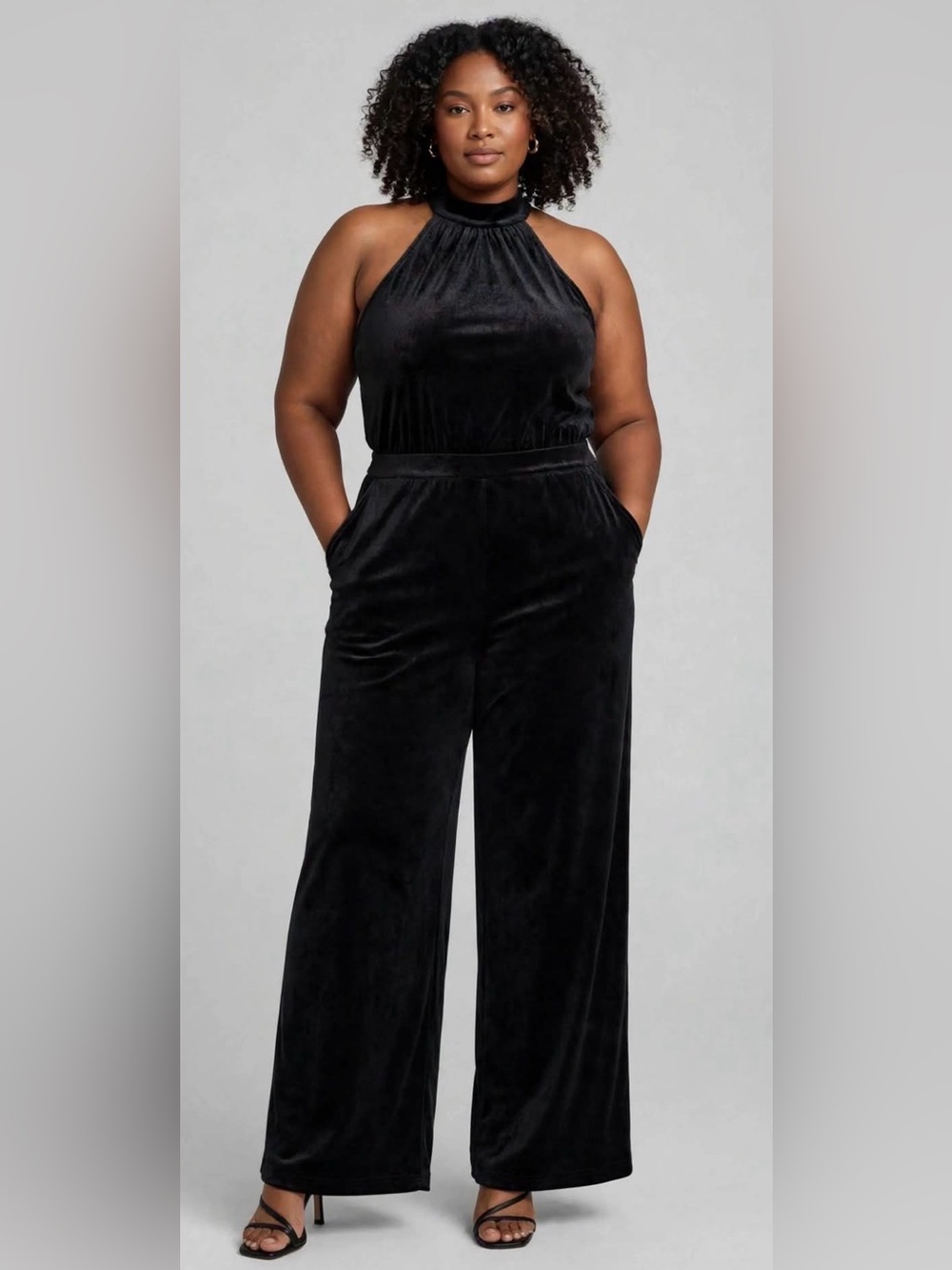 A New Day Women's XXL Black Velvet Halter Tie Neck Wide Leg Jumpsuit Pockets NWT
